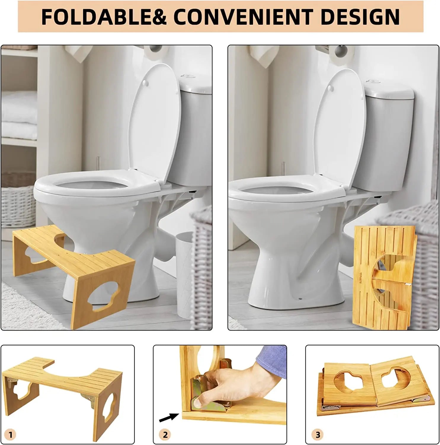 Bamboo Squatting Toilet Stool Foldable Potty Step Stools for Adult. Poop Stool Adult for Bathroom with Non-Slip