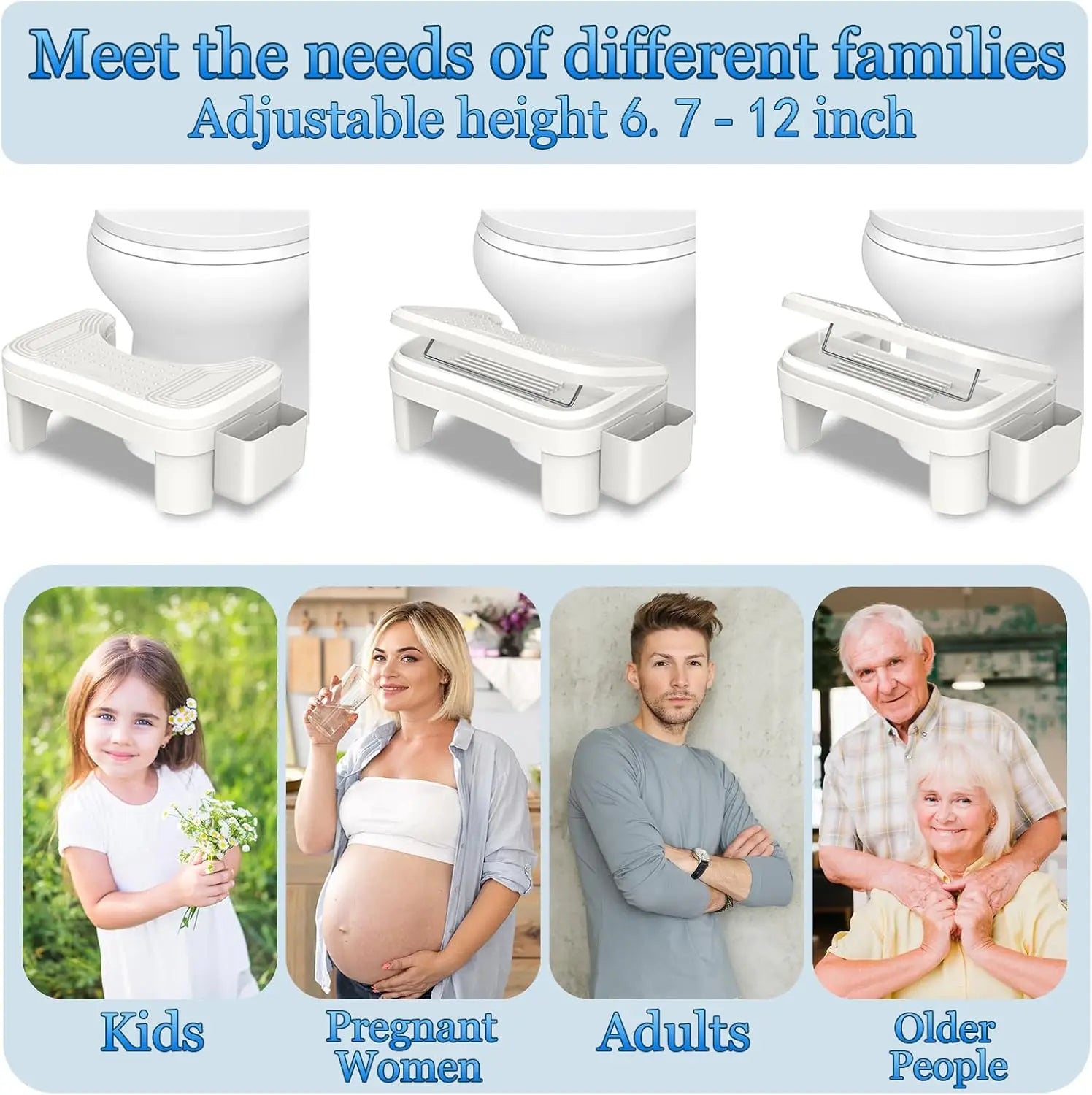 Toilet Stool Squat Adult Height Adjustable Poop Stool Bathroom with Storage Box Portable Non-Slip Potty Step Stool for Adults